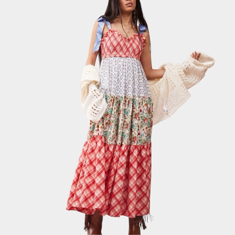 Women Bohemian Bluebell Maxi Dress Size L V-Neck Gathered Bodice Bows Shoulders - Picture 8 of 16